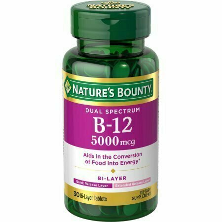 Natures Bounty Dual Spectrum B-12 Dietary Supplement Bi-Layer Tablets, 5,000mcg, 30 count 