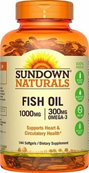 Sundown Naturals Fish Oil 1000 mg, 120+24 Bonus Softgels 