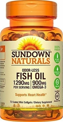 Sundown Naturals Fish Oil Omega 3-1290 mg, 72 Odorless Coated Mini Softgels 